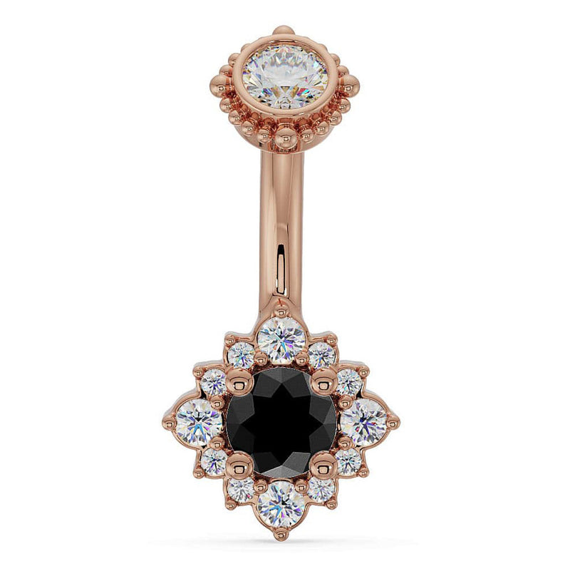 14k rose gold halo navel ring with black diamond center stone surrounded by white diamond halo