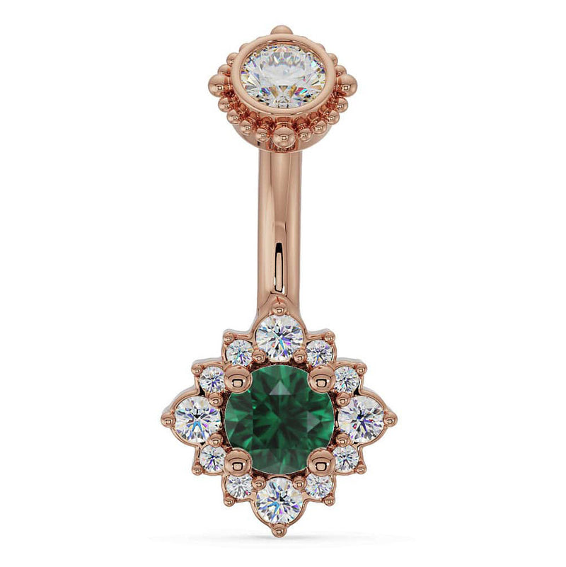 14k rose gold halo navel ring with emerald center stone and diamond flower surround, front view