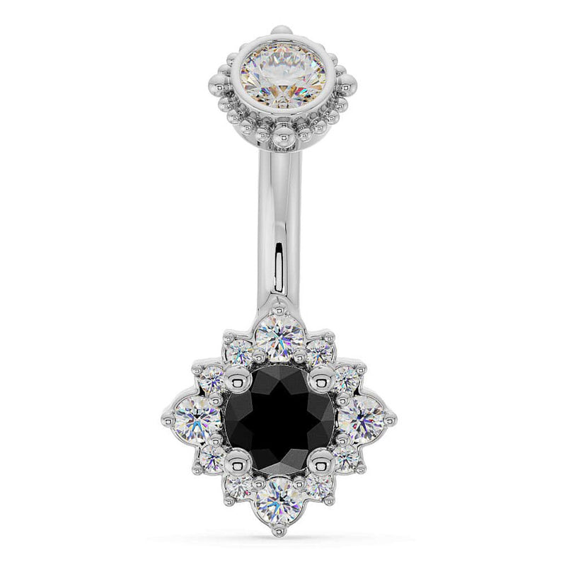 14k white gold navel ring with black diamond center stone and white diamond halo, front view