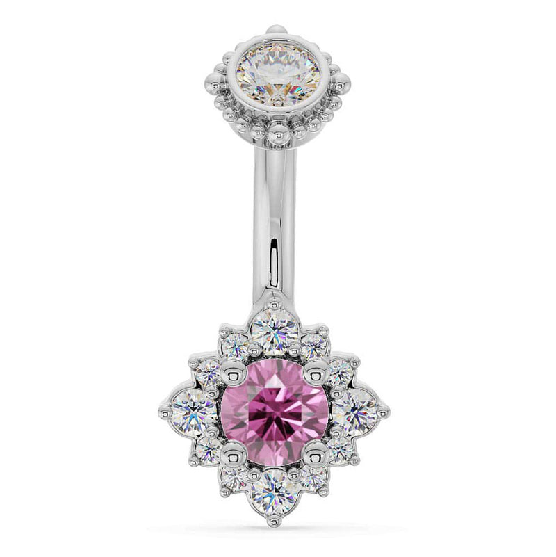 14k white gold belly ring with pink sapphire center and diamond halo flower setting, front view