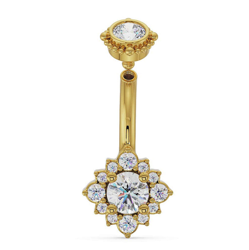 Side profile of 14k yellow gold diamond belly ring showing barbell curve and unscrewed top ball