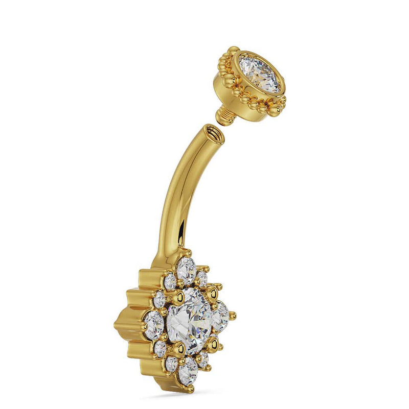 Side profile of 14k yellow gold diamond belly ring showing curved barbell and threaded top ball detail