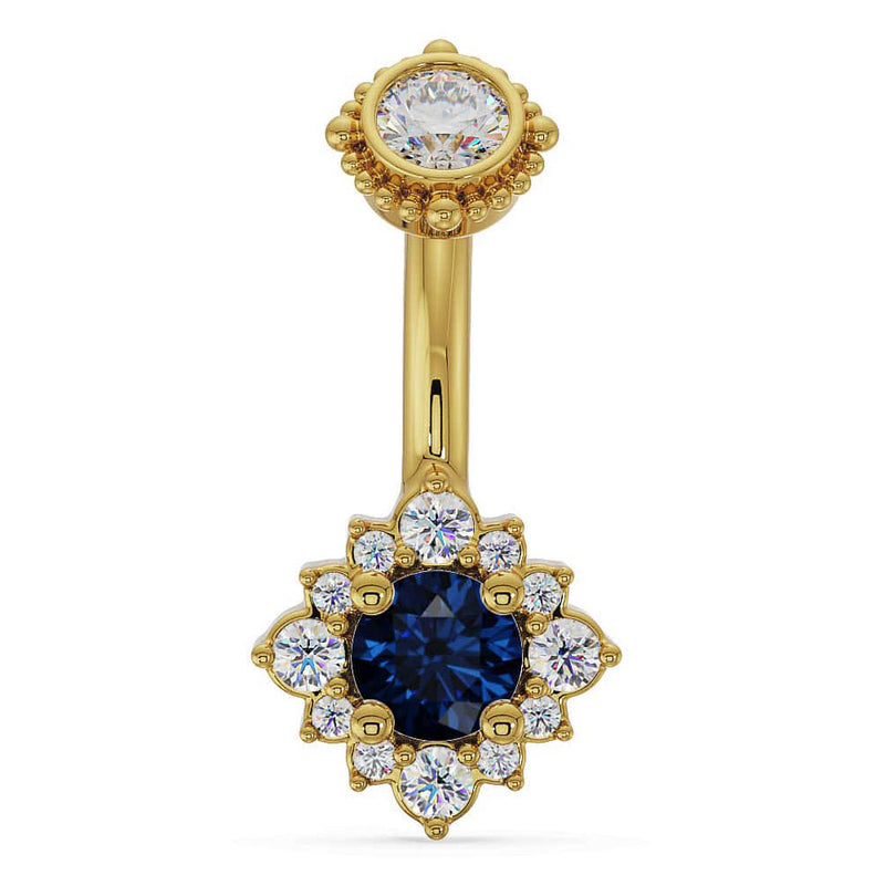 14k yellow gold belly ring with blue sapphire center stone in diamond halo flower setting, front view