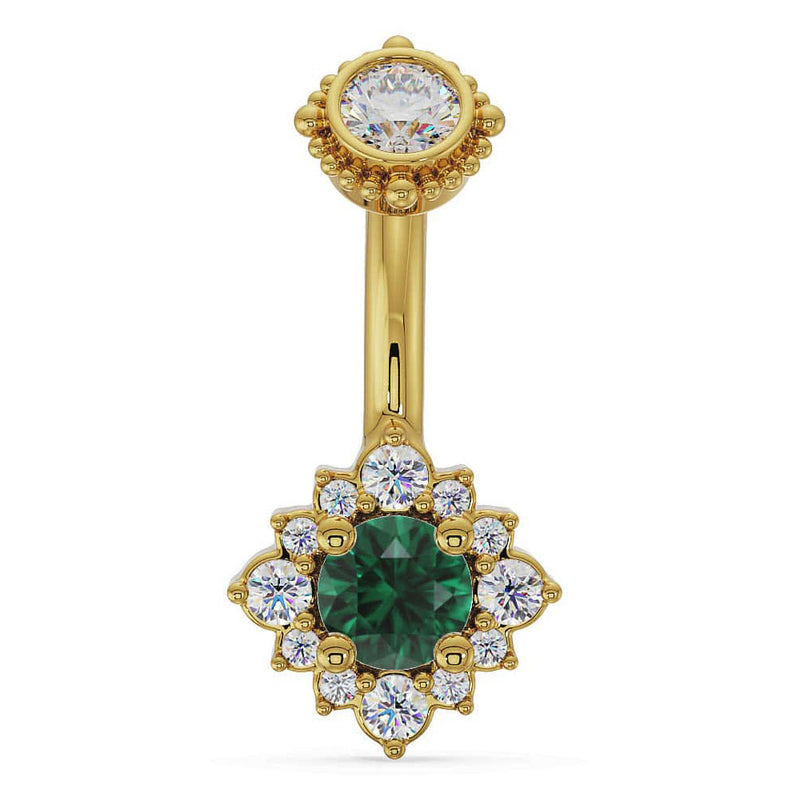 14k yellow gold halo navel ring with emerald center stone surrounded by diamond flower halo