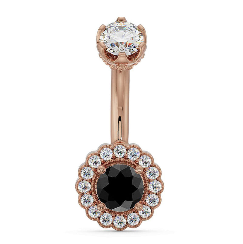 14k rose gold belly ring with black diamond center and white diamond halo floral setting, front view