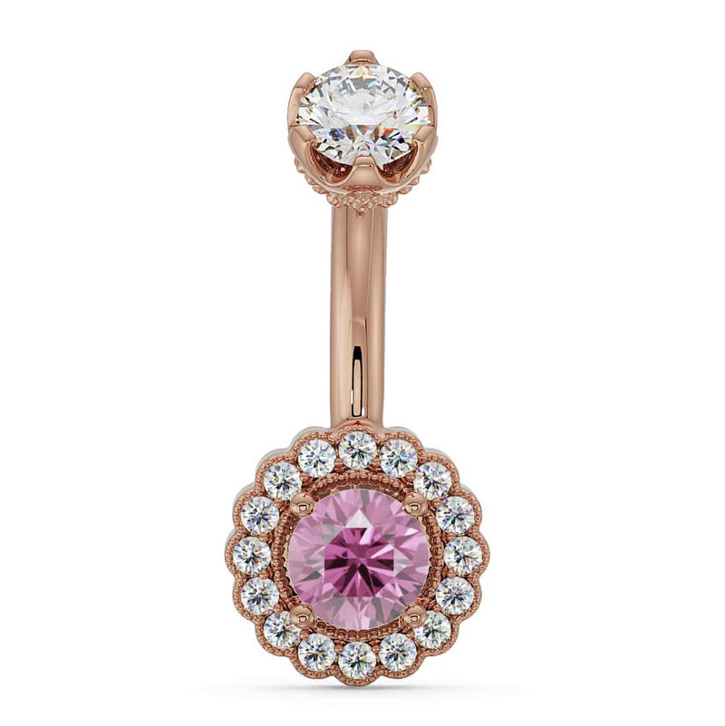 14k rose gold navel ring with pink sapphire center stone and diamond halo milgrain setting, front view