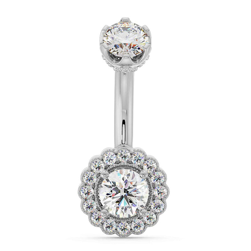 14k white gold belly ring with cubic zirconia center and diamond halo milgrain setting, front view