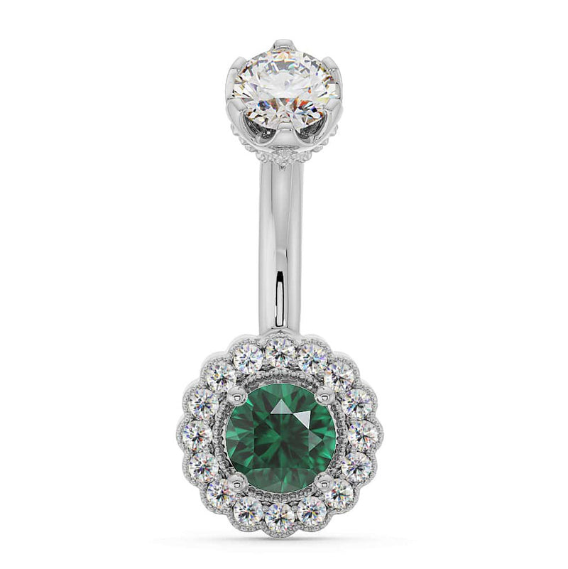 14k white gold belly ring with emerald center stone and diamond halo scalloped setting, front view
