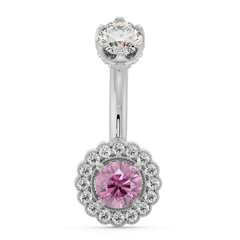 14k white gold belly ring with pink sapphire center and diamond halo milgrain setting, front view