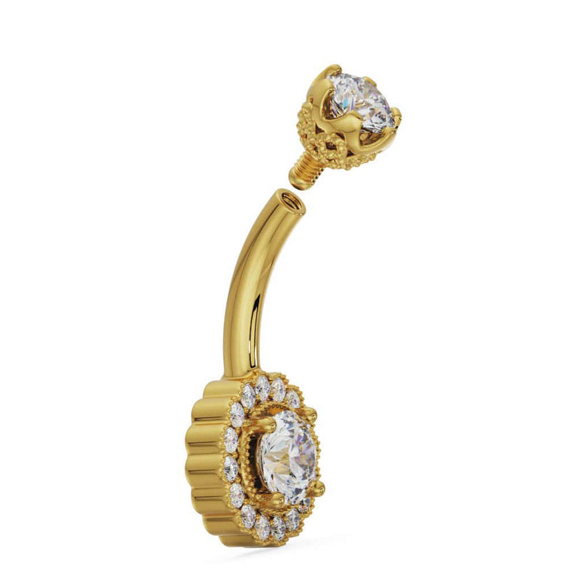 14k yellow gold La Reina belly ring shown disassembled with top ball removed, side angle view