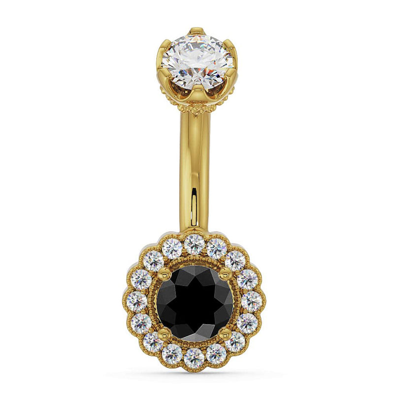 14k yellow gold navel ring with black diamond center and white diamond halo setting, front view