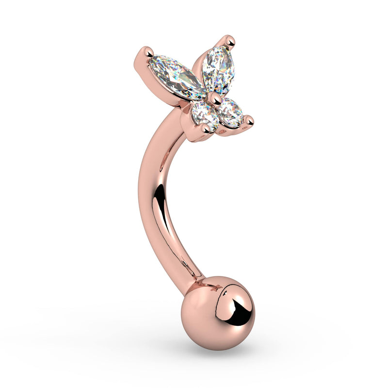 Side profile of 14k rose gold butterfly rook barbell highlighting warm tone and curved silhouette