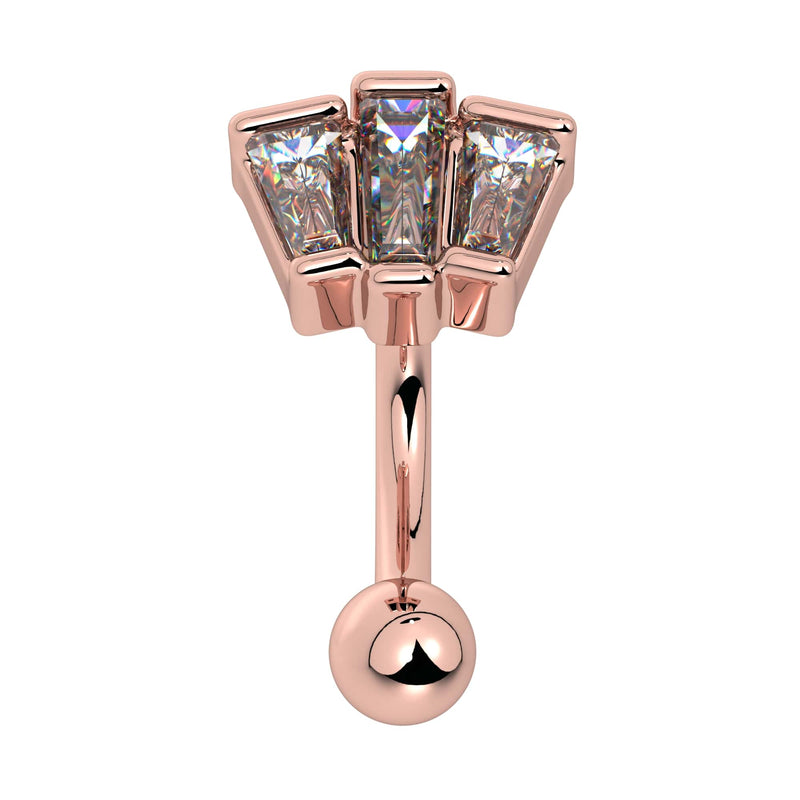 14k rose gold deco fan curved barbell with three tapered baguette CZs, front view