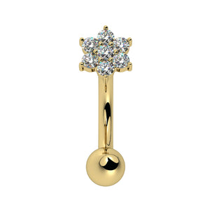 14k yellow gold flower curved barbell with CZ cluster, front view, rook or eyebrow piercing