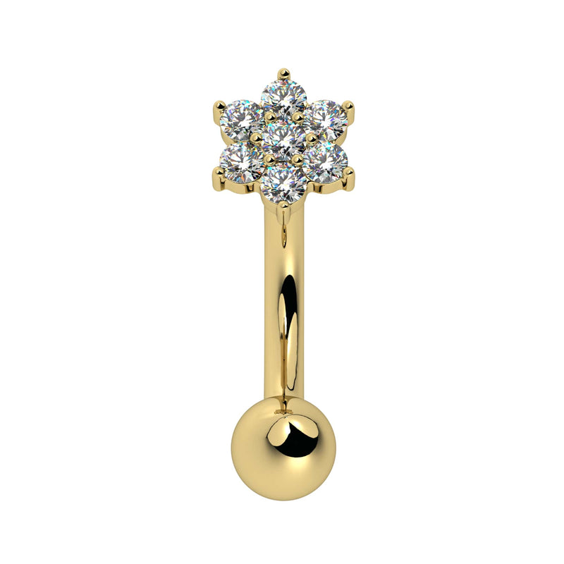 14k yellow gold flower curved barbell with CZ cluster, front view, rook or eyebrow piercing