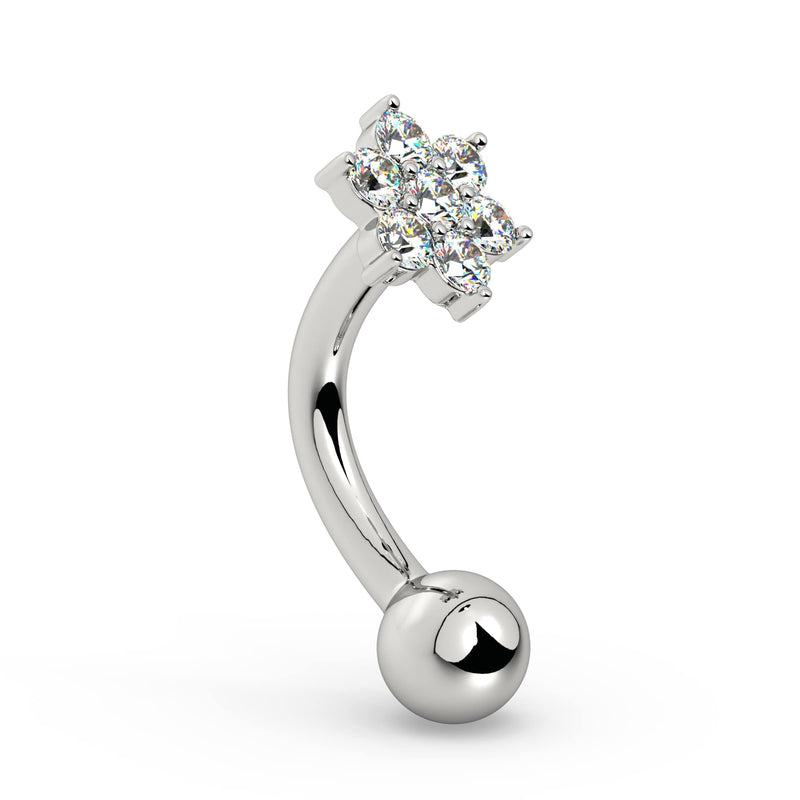 Side profile of 14k white gold flower curved barbell showing CZ cluster and curved shaft angle