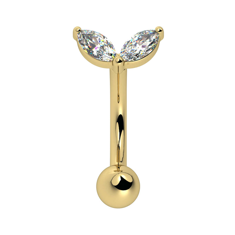 14k yellow gold curved barbell with dual marquise CZ petal top, front view