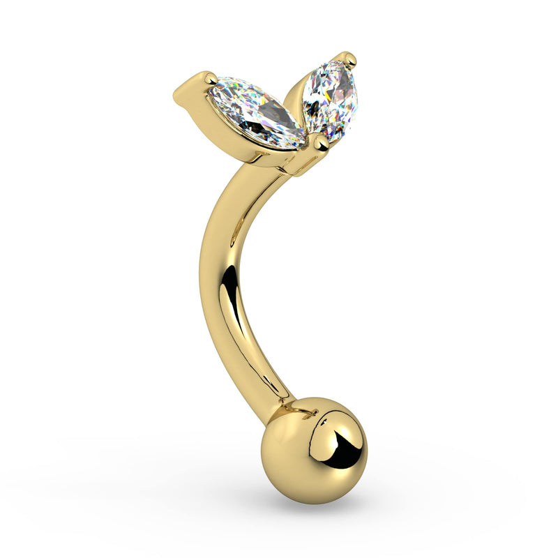 Angled side view of 14k yellow gold petals curved barbell showing CZ setting and curve