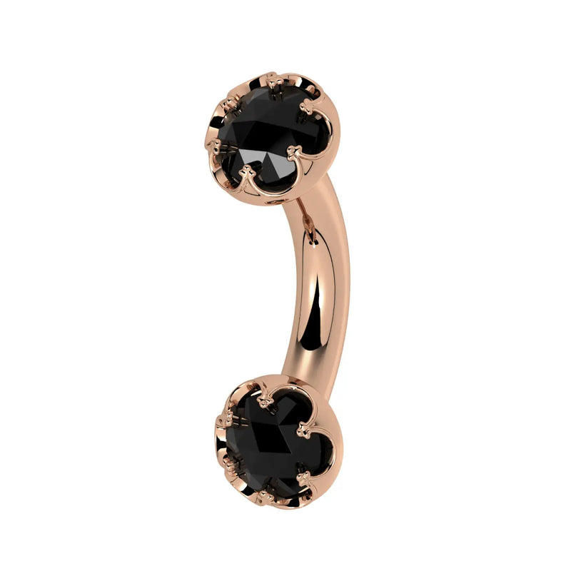 Reina Rose-Cut Black Diamond Crown Curved Barbell in 14k rose gold, side view - for navel, rook, or eyebrow piercings