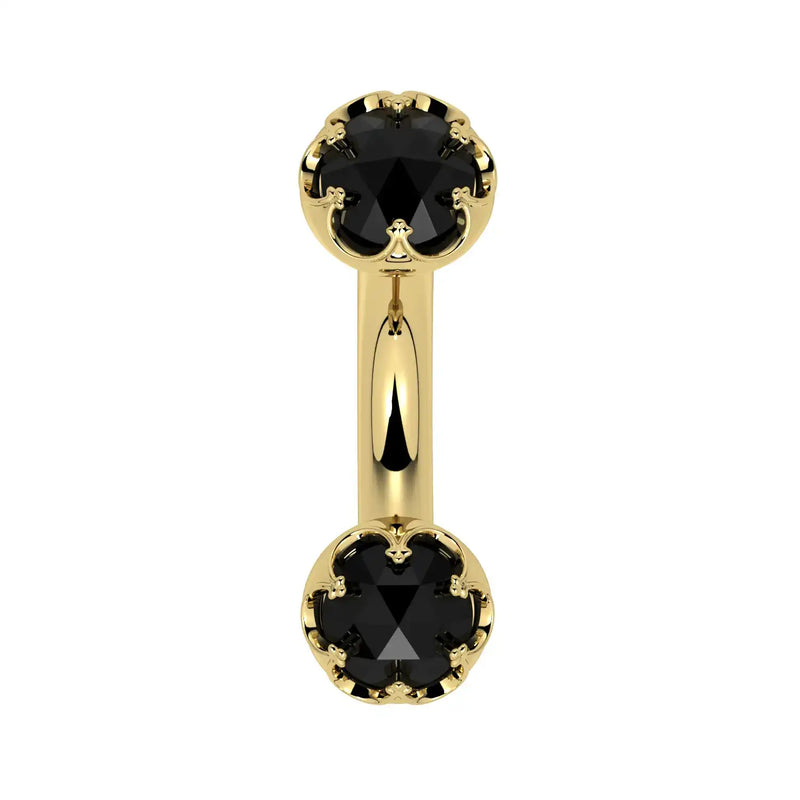 Reina Rose-Cut Black Diamond Crown Curved Barbell in 14k yellow gold, front view - for navel, rook, or eyebrow piercings