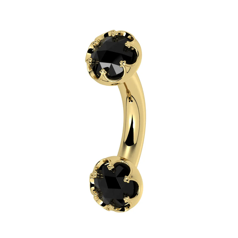 Reina Rose-Cut Black Diamond Crown Curved Barbell in 14k yellow gold, side view - for navel, rook, or eyebrow piercings