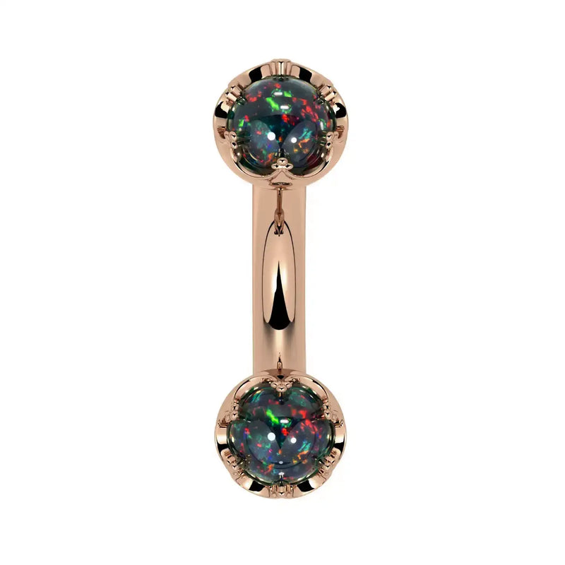 Reina Black Opal Crown Curved Barbell in 14k rose gold, front view - for navel, rook, or eyebrow piercings