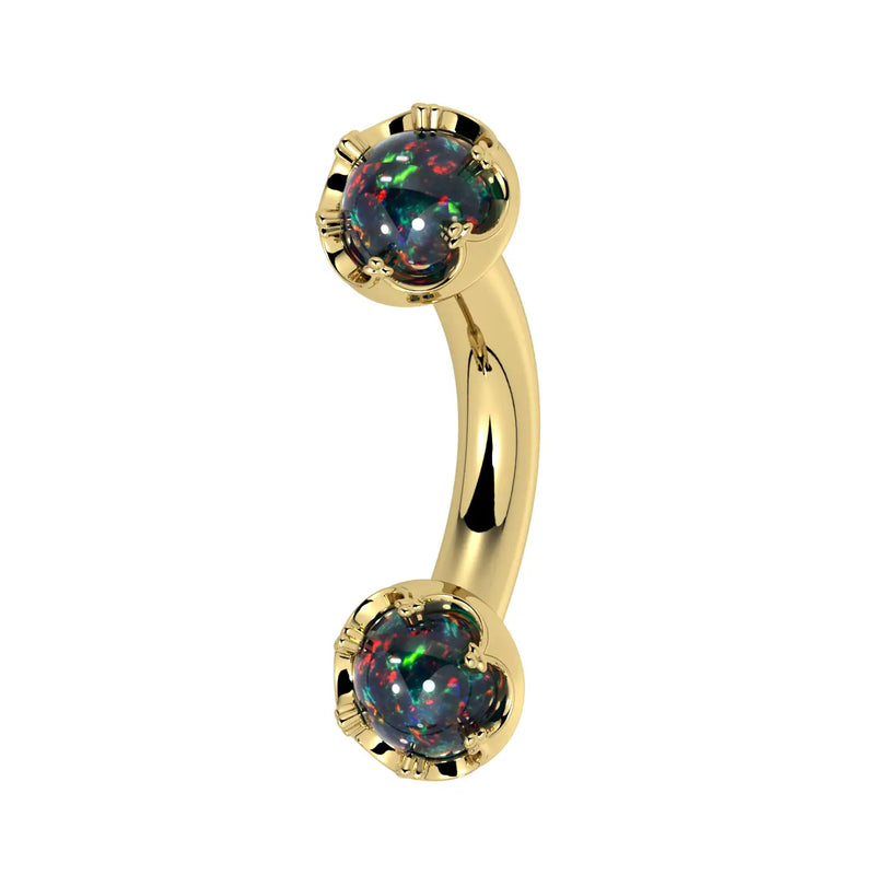 Reina Black Opal Crown Curved Barbell in 14k yellow gold, side view - for navel, rook, or eyebrow piercings