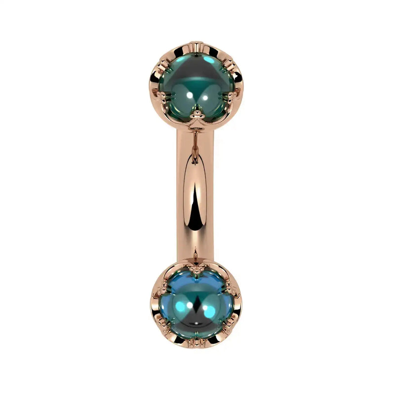 Reina London Blue Topaz Crown Curved Barbell in 14k rose gold, front view - for navel, rook, or eyebrow piercings