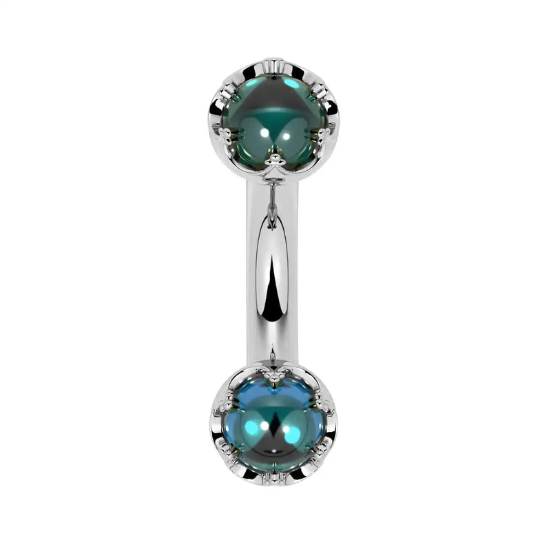 Reina London Blue Topaz Crown Curved Barbell in 14k white gold, front view - for navel, rook, or eyebrow piercings