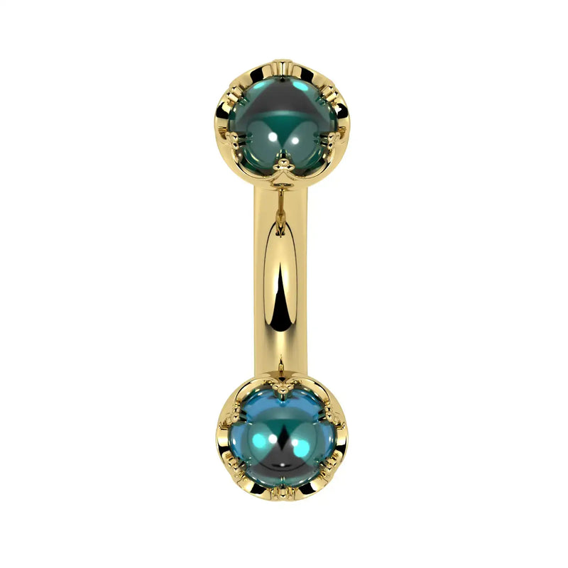 Reina London Blue Topaz Crown Curved Barbell in 14k yellow gold, front view - for navel, rook, or eyebrow piercings