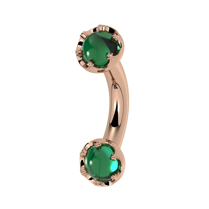 Reina Zambian Emerald Crown Curved Barbell in 14k rose gold, side view - for navel, rook, or eyebrow piercings