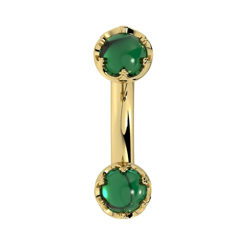 Reina Zambian Emerald Crown Curved Barbell in 14k yellow gold, front view - for navel, rook, or eyebrow piercings