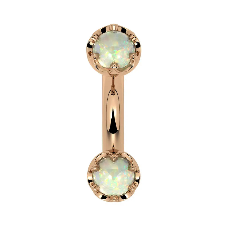 Reina Ethiopian Opal Crown Curved Barbell in 14k rose gold, front view - for navel, rook, or eyebrow piercings