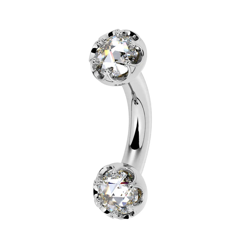 Reina Rose-Cut Diamond Crown Curved Barbell in 14k white gold, side view - for navel, rook, or eyebrow piercings