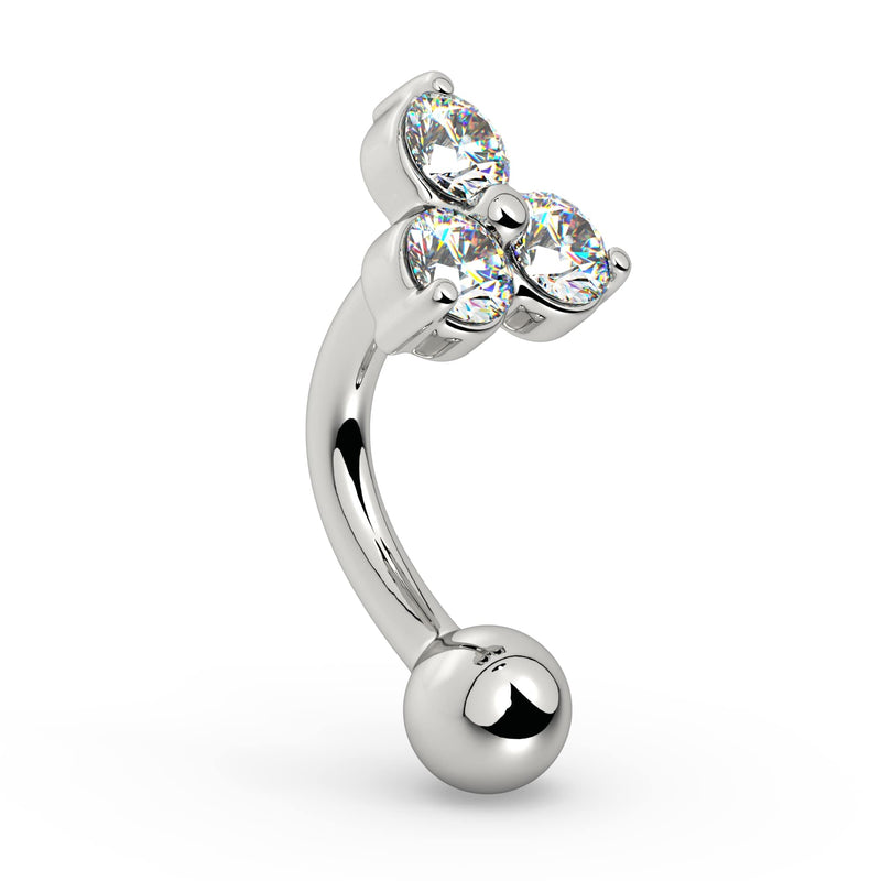 14k white gold trinity CZ rook barbell, angled side profile highlighting curved bar and gem setting
