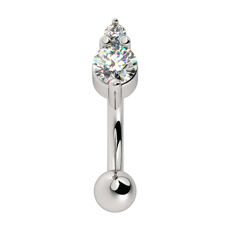14k white gold curved barbell with dual round CZ prong setting, front view