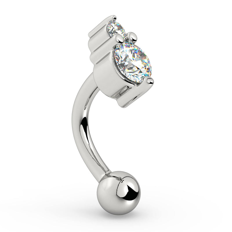 Side profile of 14k white gold rook barbell showing dual CZ setting depth and curved shaft