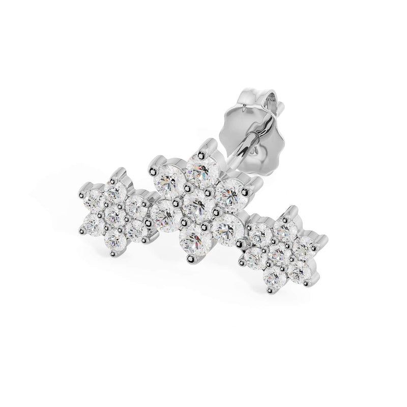 14k white gold triple flower lobe earring with round CZ stones, angled view showing push-back post