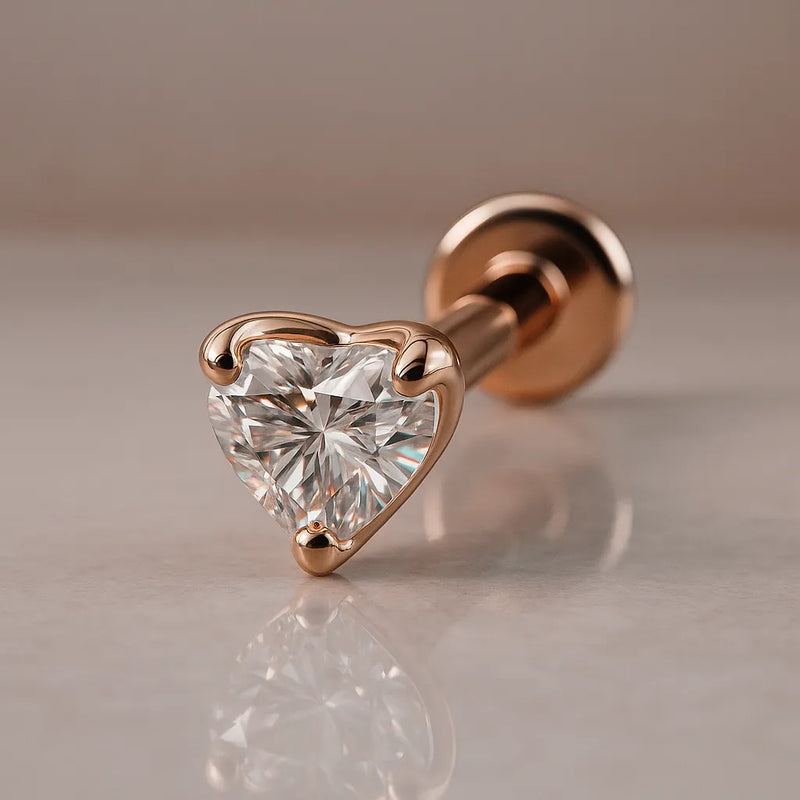 14k rose gold 3mm heart-cut diamond flat back labret stud, angled view with disc backing visible