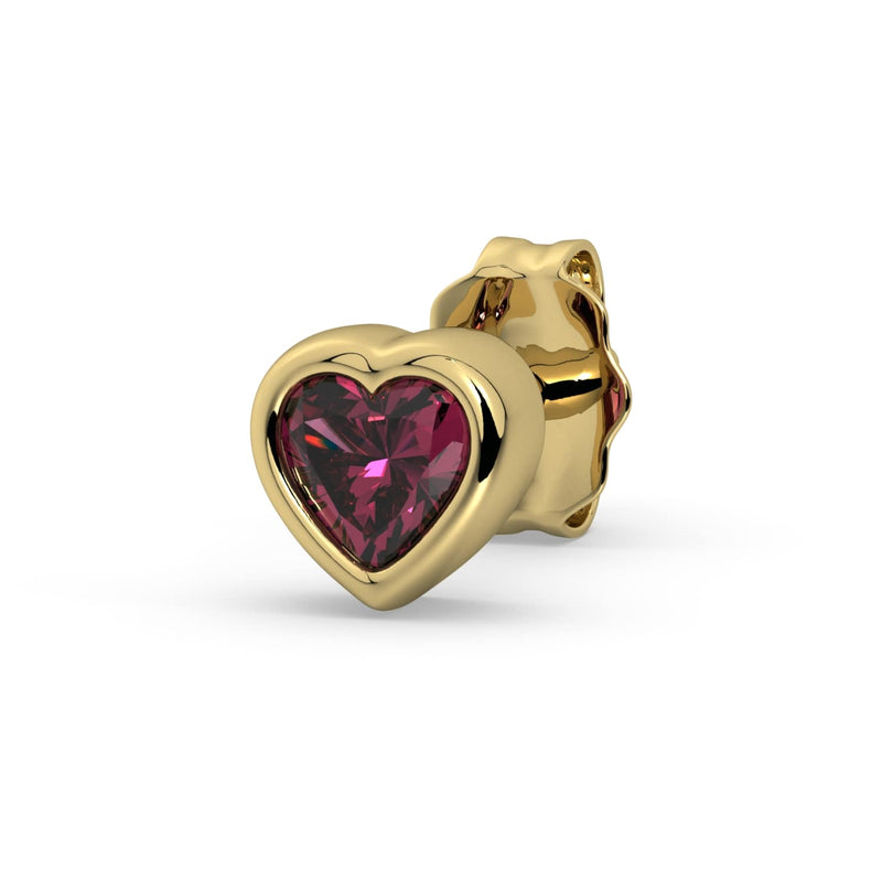 Single 14k yellow gold rhodolite garnet heart stud earring, angled view with deep red-pink stone