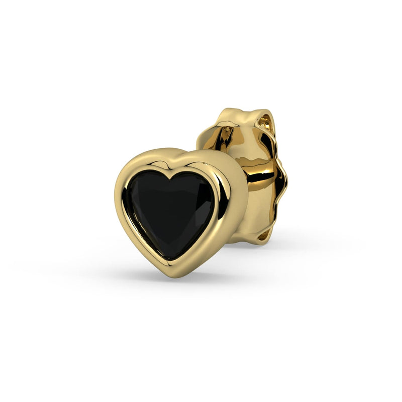 Single 14k yellow gold onyx heart stud earring, angled view with striking black stone and butterfly back