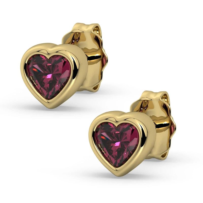 14k yellow gold rhodolite garnet heart stud earrings pair, product render on white background, front-angled view