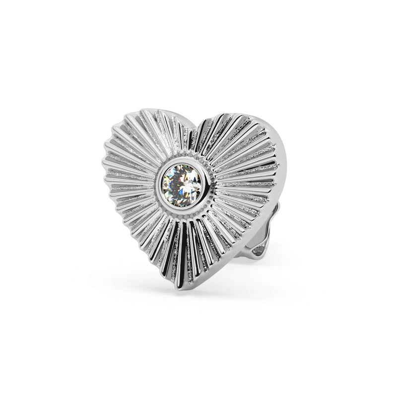 14k white gold sunburst heart earring with bezel-set diamond, angled front view