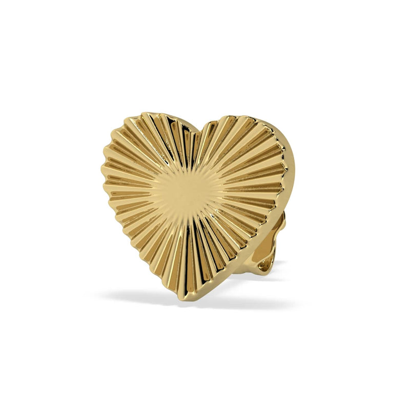 14k yellow gold sunburst heart earring with ridged ray detailing, angled front view