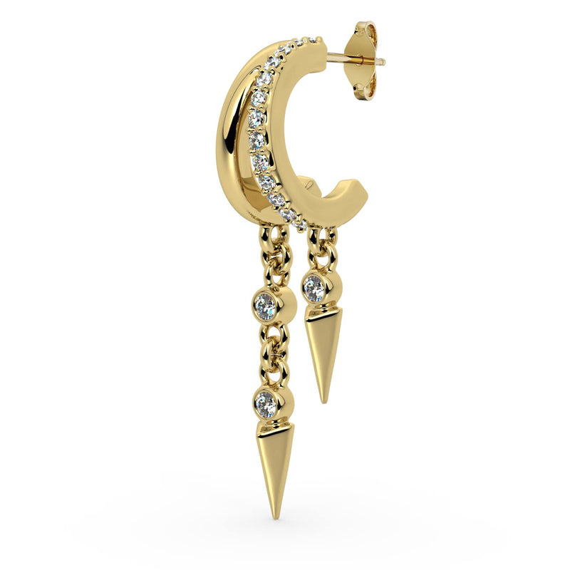 Side profile of 14K yellow gold diamond cuff earring showing pavé hoop, push-back post, and spike charms