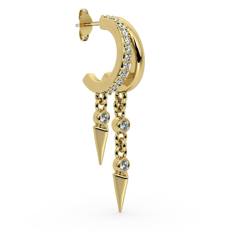 Angled side view of 14K yellow gold Vera cuff earring showing push-back post and asymmetric spike dangles