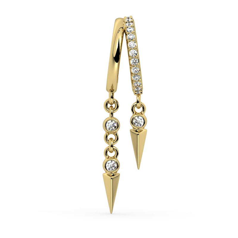 14K yellow gold diamond cuff earring with pavé hoop and dual bezel-set diamond spike dangles, front view