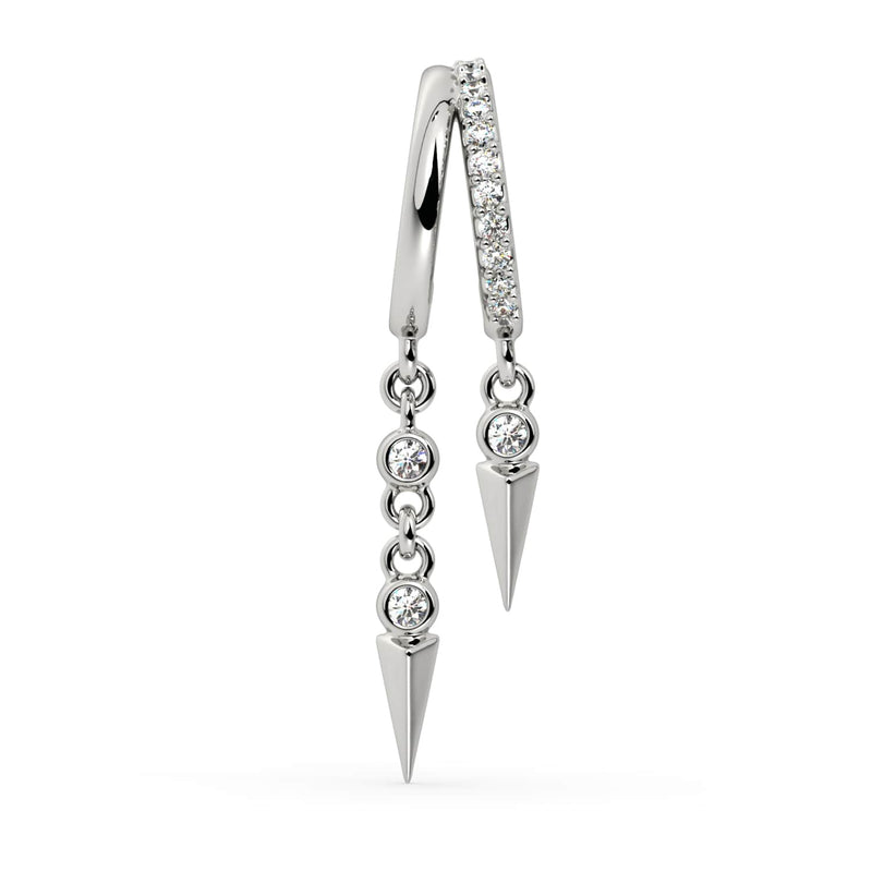 14K white gold diamond cuff earring with pavé hoop and bezel-set diamond spike dangles, front view