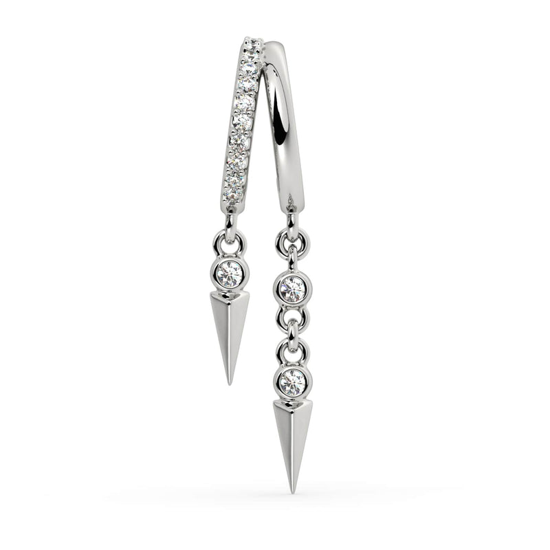 14K white gold diamond cuff earring alternate angle showing shorter spike dangle and longer bezel-diamond chain