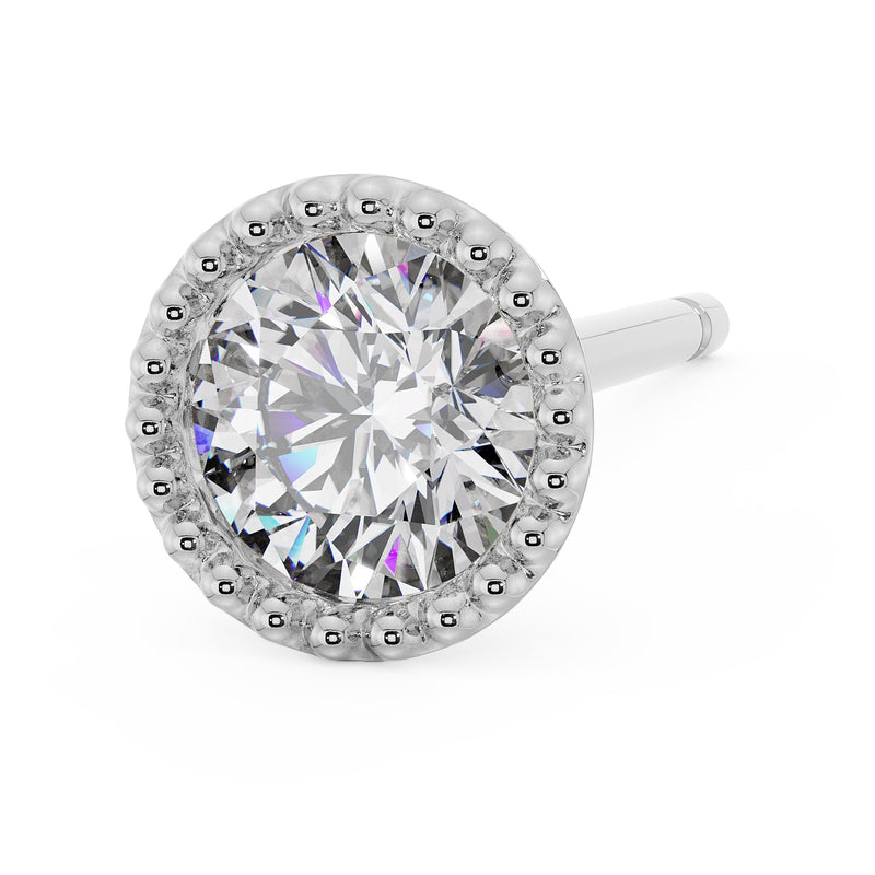 14K white gold milgrain stud earring with CZ at a slight right-facing angle showing beaded setting and post